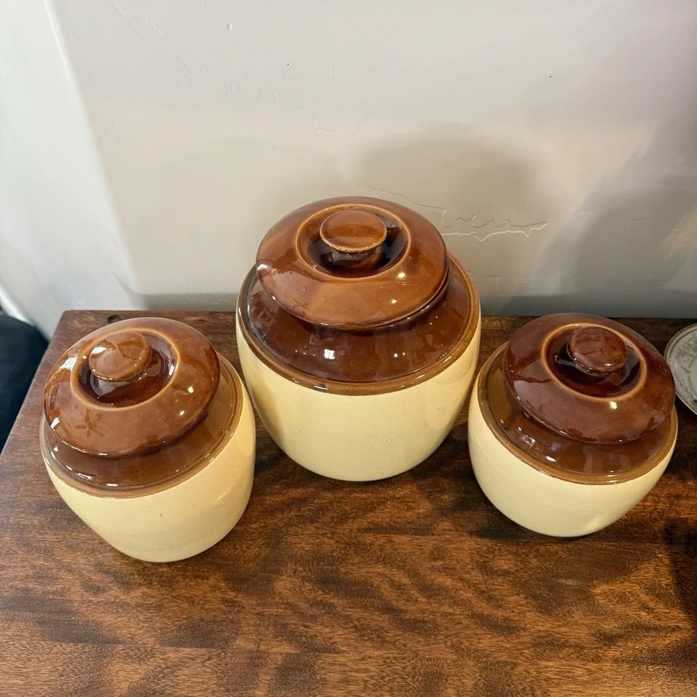Vintage USA Pottery BP-66 Cream Brown Crocks Set Of 3‎ Bean Pot Cookie Jar